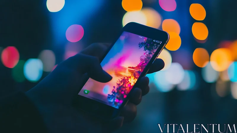 Smartphone screen framing vivid sunset over city lights.
