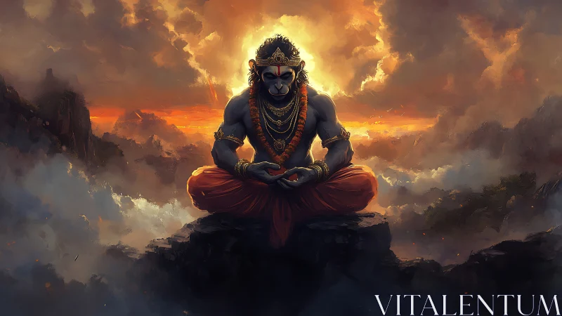 Mythic simian deity meditates amid storm-lit mountain clouds