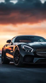 Midnight supercar prowls beneath a burning sunset sky.