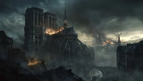 Gothic cathedral under apocalyptic urban bombardment and structural fire