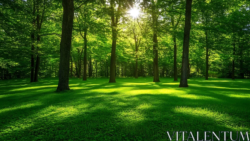 Sunlit Forest with Lush Green Grass in Serene Natural Setting.