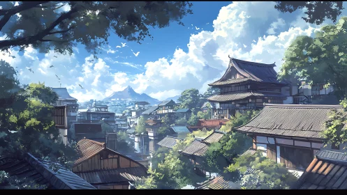 Sunlit hillside town with layered traditional rooftops.