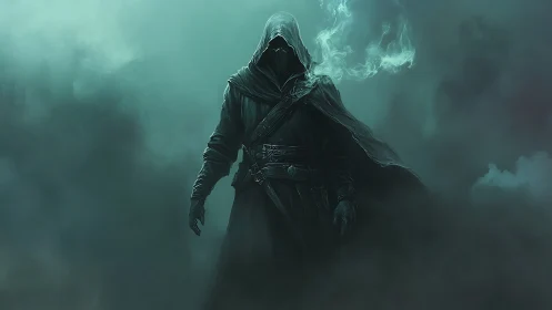 Mysterious hooded wanderer walking through ghostly mist.