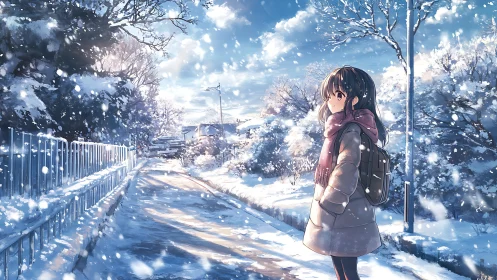Quiet girl wandering through a bright snowfall morning street.