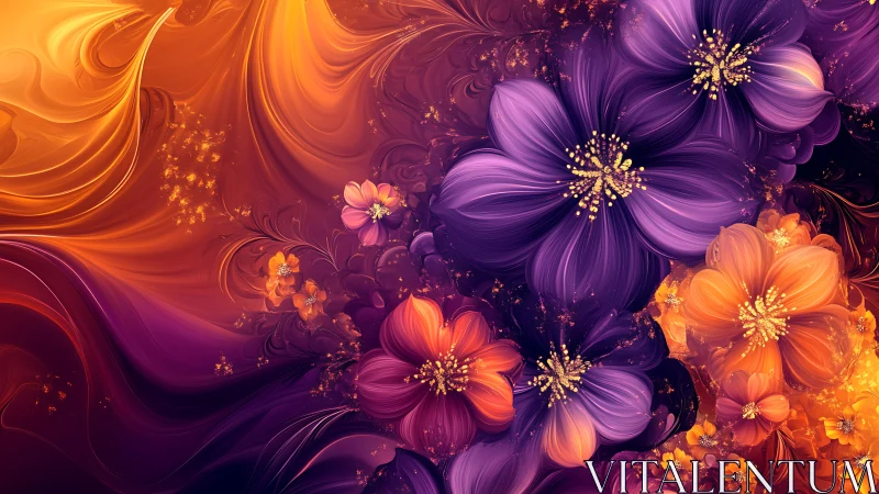 Fractal floral composition with purple and orange blossoms.