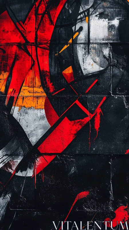 Bold red and orange abstract graffiti on dark wall surface.