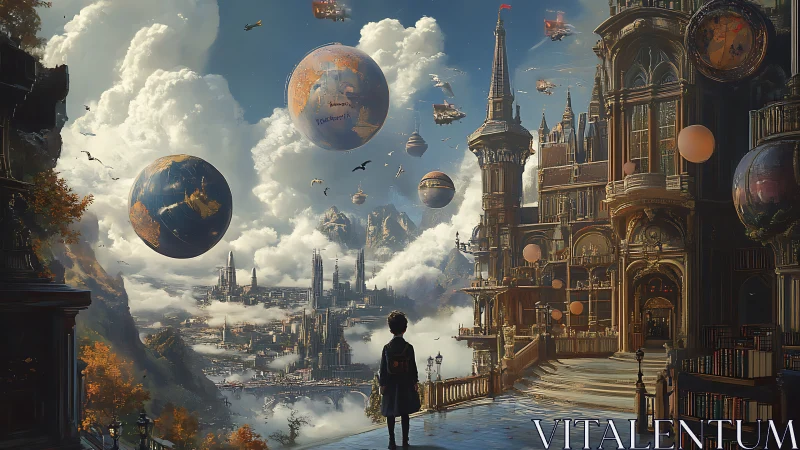 Skyborne library of drifting worlds and solitary wonder.