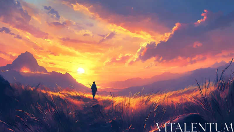 Solitary figure traverses luminous valley under blazing sunset