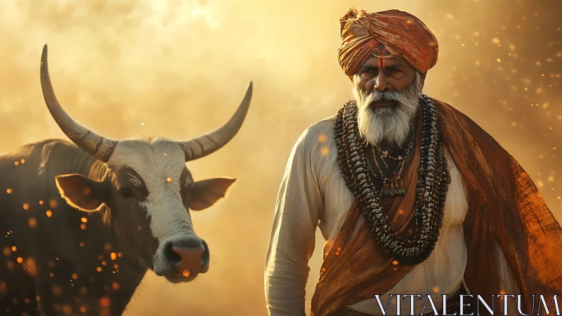 Elderly man with cow in warm dust and ember light.