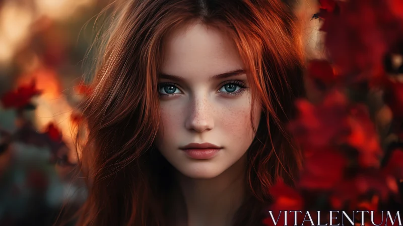 Freckled redhead portrait framed by vivid autumn florals.