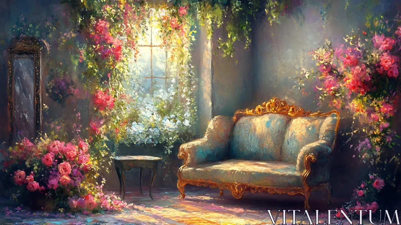 Sunlit floral salon with ornate rococo sofa interior