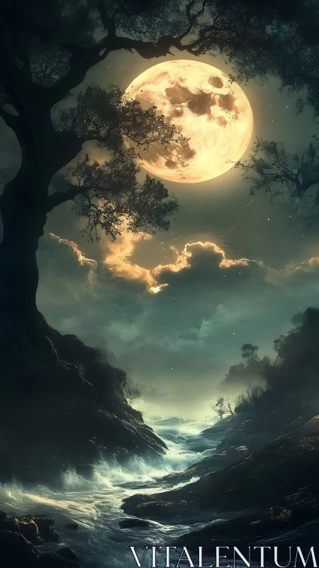 Moonriver tempest under ancient trees and whispering clouds.