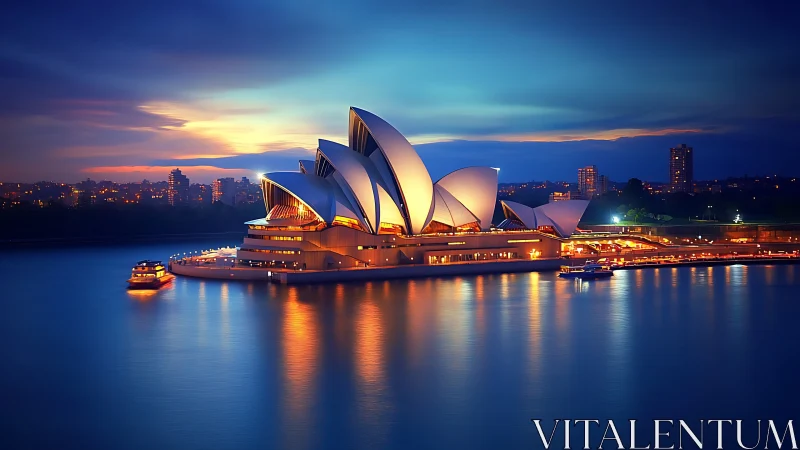 Sydney Opera House glows over harbor waters at twilight.