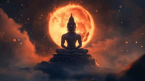 Buddha statue in meditation before a burning orange moon.