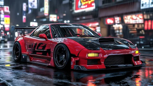 Modified red sports coupe is parked on wet urban street