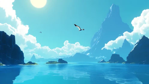 Soaring Bird Above Crystalline Fjord with Towering Monolithic Cliffs