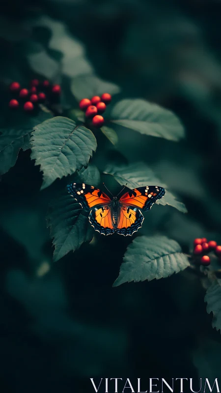 Orange butterfly on dark green leaves with red berries.