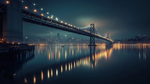 Foggy city bridge glows above calm reflective harbor waters.