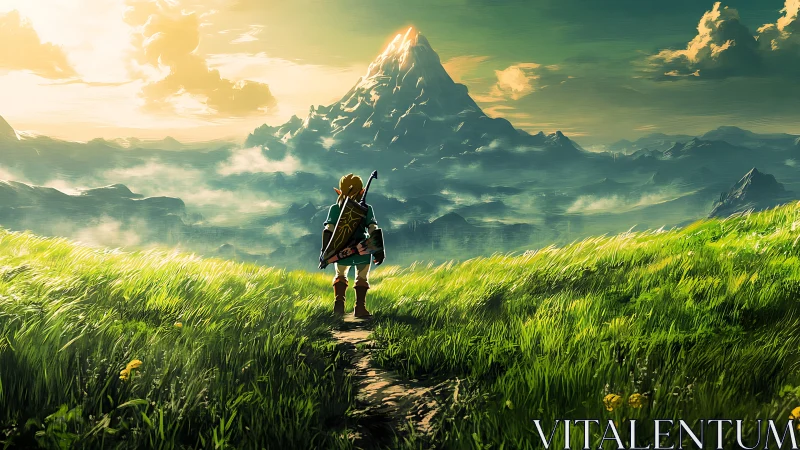 Figure on grassy hill facing distant central mountain peak.