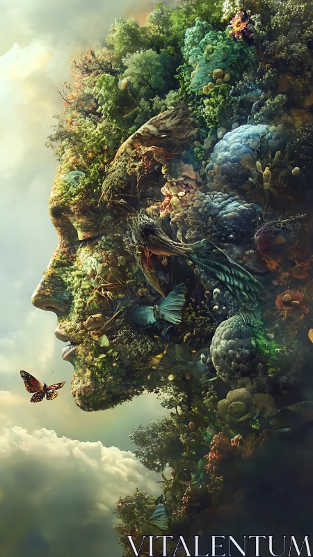 Forest goddess profile forms from dense living foliage