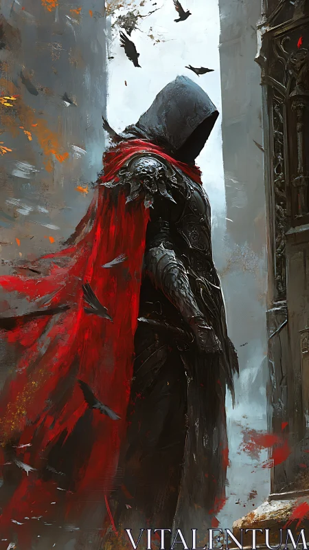 Hooded gothic sentinel with red dynamic cloak and ravens.