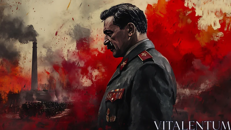 Brooding general amid industrial war-torn crimson skies.