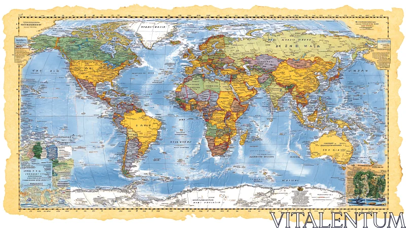 Vintage political world map with textured parchment border.