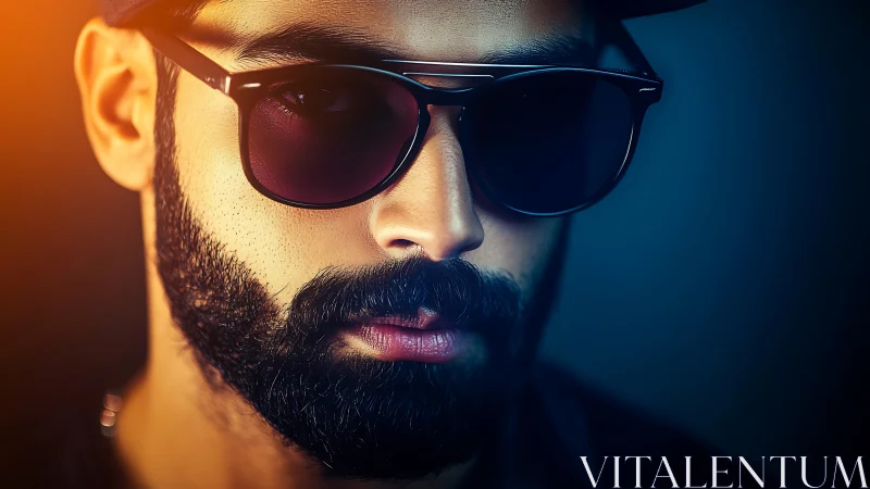 Cool bearded portrait in moody light and modern sunglasses.