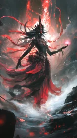 Stormborn fire mage rising through swirling volcanic mist.