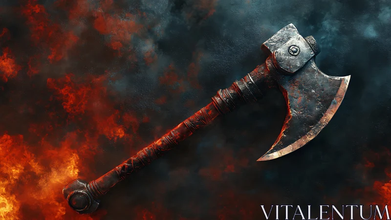 Battle axe rests over burning red and dark smoky background