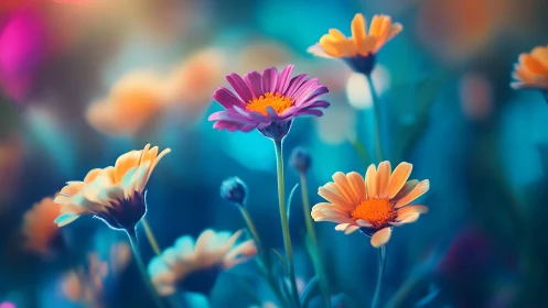 Vibrant Gerbera Daisies Dance in Dreamy Turquoise Light