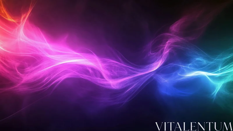 Flowing neon light waves across dark abstract background.