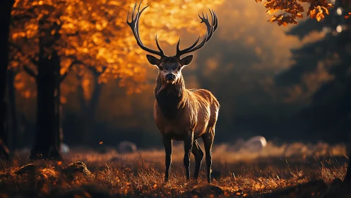 Cervid silhouette in backlit deciduous forest at autumnal golden hour.