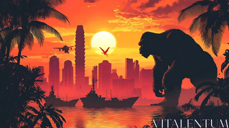 Colossal gorilla confronts warships at neon tropic sunset.