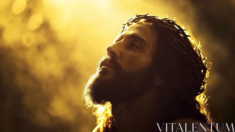 Man with thorn crown in golden backlit dramatic portrait.