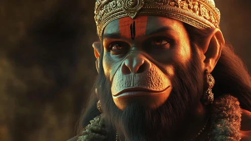 Digital painting of regal simian deity in cinematic warm lighting.