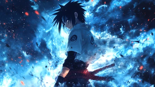 Anime warrior in volatile blue energy vortex composition.