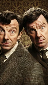Twin men share quirky expressions in vintage tweed suits.