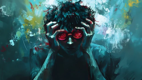 Distressed figure with red lenses in teal abstract environment.
