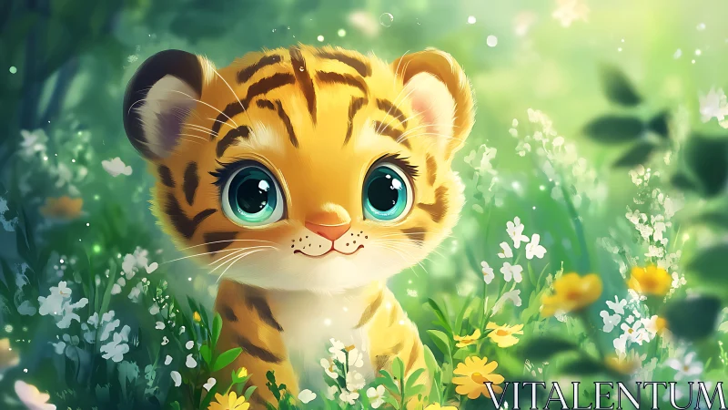 Soft-lit chibi tiger cub with exaggerated ocular proportions in bloom