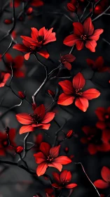 Crimson botanical specimens rendered with dramatic chiaroscuro lighting and high-contrast dark backg