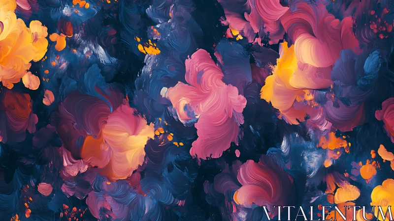 Vibrant swirling petals glow over deep midnight blues.