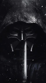 Monochrome hooded warrior portrait with central sword axis.