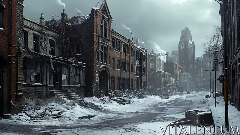 Snowbound abandoned city street under brooding winter sky.