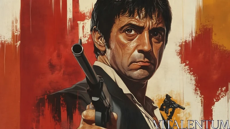 Man in suit aiming handgun toward viewer with intense stare