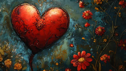 Red ornamental heart with floral elements on textured teal background.