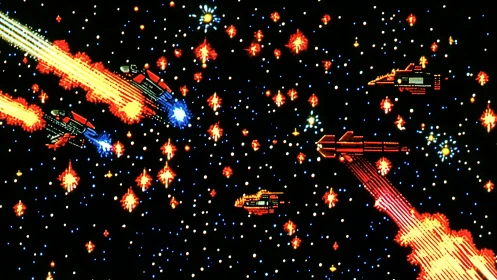 Pixelated starfield with retro spacecraft and explosions.