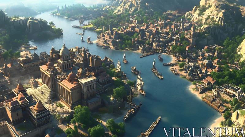 Ancient river metropolis with monumental harbor architecture.