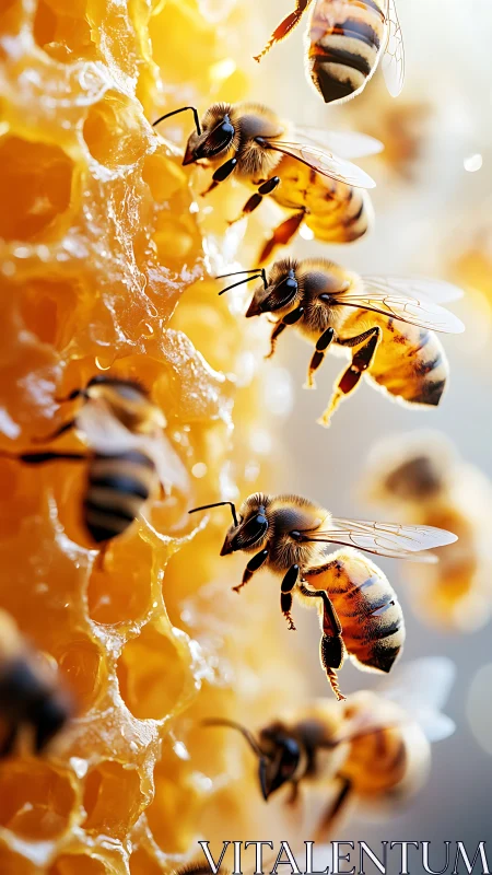 Honey bees on wax comb structure in close macro view.
