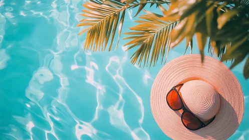 Straw sun hat and sunglasses beside turquoise swimming pool.
